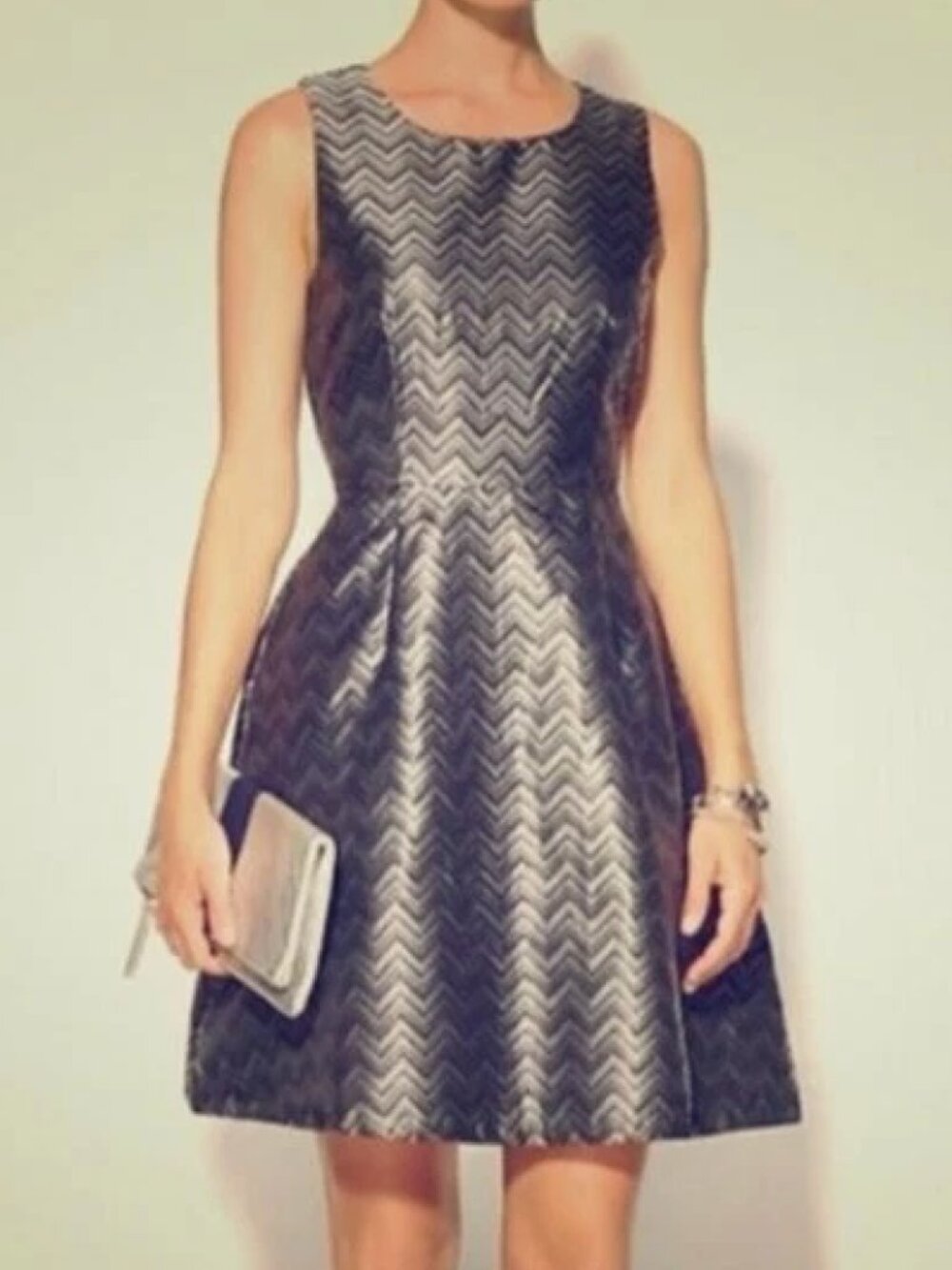 NEW NWT PIM LARKIN Lena Brocade Dress Black Silver Chevron Fit Flare Party Small